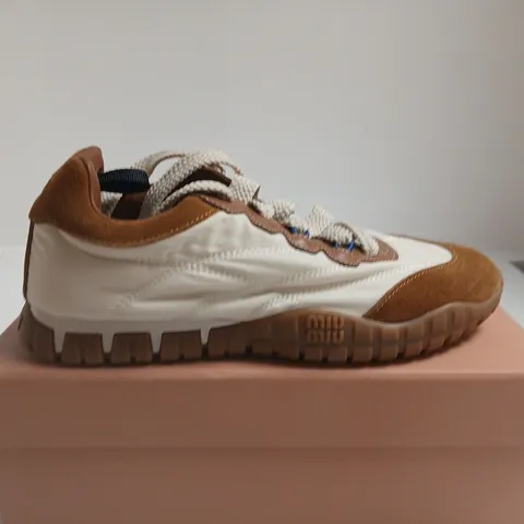 BOXED PAIR OF MIU MIU WOMEN'S SNEAKERS – WHITE & TAN, UK 5