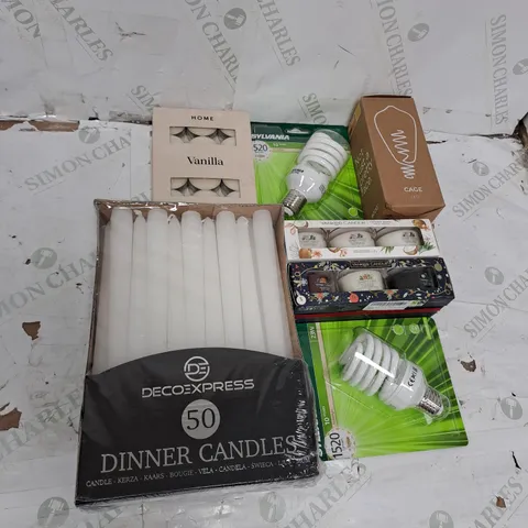 TOTE OF ASSORTED HOUSEHOLD ITEMS TOO INCLUDE CANDLES , LIGHT BULBS , ETC