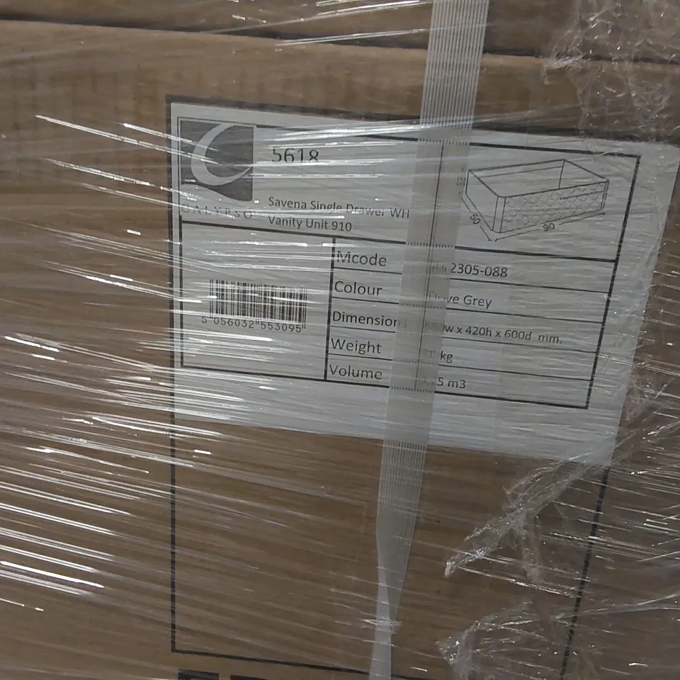 PALLET CONTAINING A LARGE QUANTITY OF BRAND NEW BRAND NEW SAVENA SINGLE DRAWER VANITY BASE UNIT