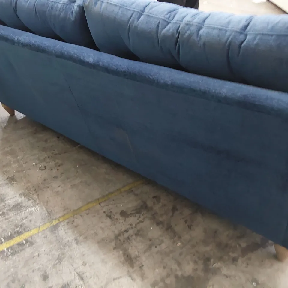 QUALITY BRITISH MADE LOUNGE Co PHOEBE FOUR SEATER SOFA WITH ROLL BOLSTER CUSHIONS BLUE PLUSH 