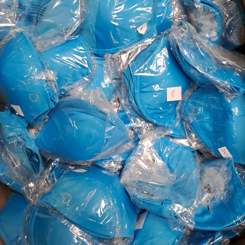 BOX OF APPROX 40 ASSORTED BLUE BRAS - COLLECTION ONLY - SIZES VARY 