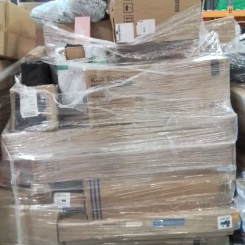 PALLET CONTAINING VARIOUS ASSORTED BOXED ITEMS TO INCLUDE: CLOTHING ITEMS, KIDS SCOOTER, STORAGE BOXES, GARDEN PARASOL WITH LIGHTS AND LOTS MORE UNMARKED BOXED ITEMS