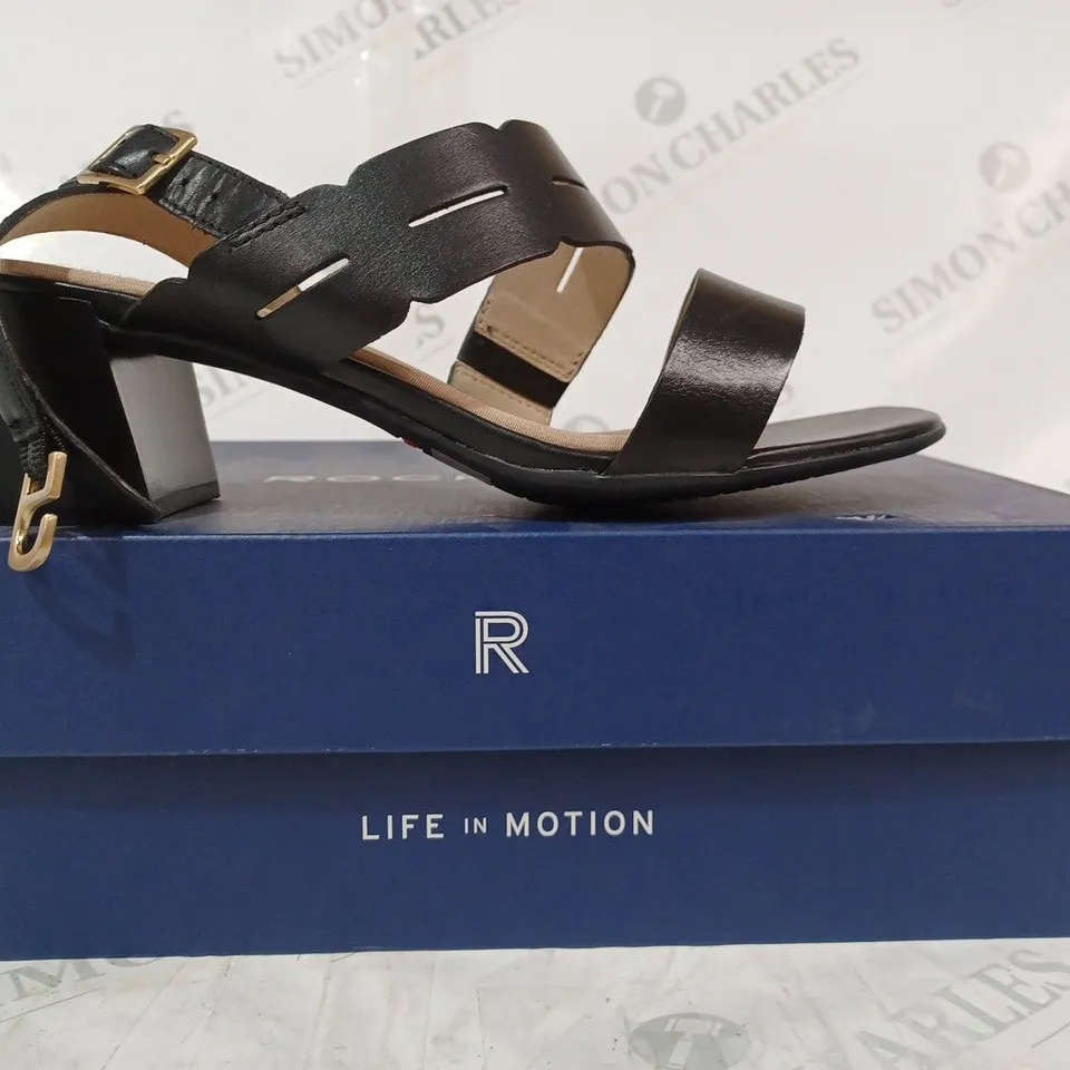 BOXED PAIR OF ROCKPORT ALAINA HEELED SANDALS IN BLACK UK SIZE 7