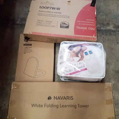 PALLET CONTAINING ASSORTED PRODUCTS INCLUDING HOLLYWOOD MIRROR WITH RBG, TOILET SEAT, SWEET DREAMS ELECTRIC BLANKET & WHITE FOLDING LEARNING TOWER