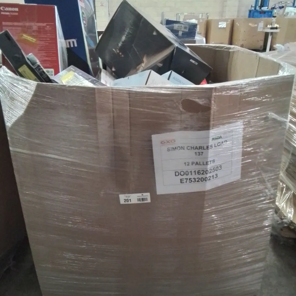 PALLET CONTAINING VARIOUS ASSORTED BOXED ELECTRONIC ITEMS TO INCLUDE: BLUETOOTH PARTY SPEAKER, BLUETOOTH SPEAKERS, PRINTERS, DVD PLAYERS, SEVERAL HEADPHONES ETC.