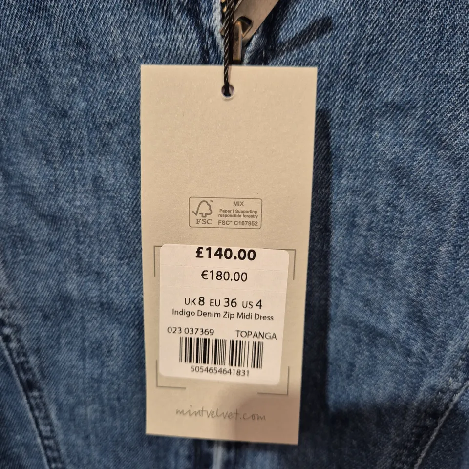 MINT VELVET INDIGO DENIM ZIP MIDI DRESS – UK 8 (TOPANGA)