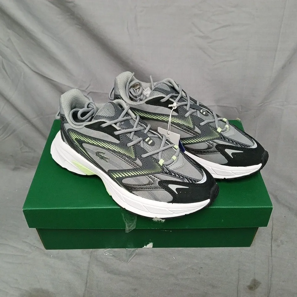 LACOSTE GREY & BLACK RUNNING SNEAKERS WITH LIME-GREEN ACCENTS – SIZE UK 7