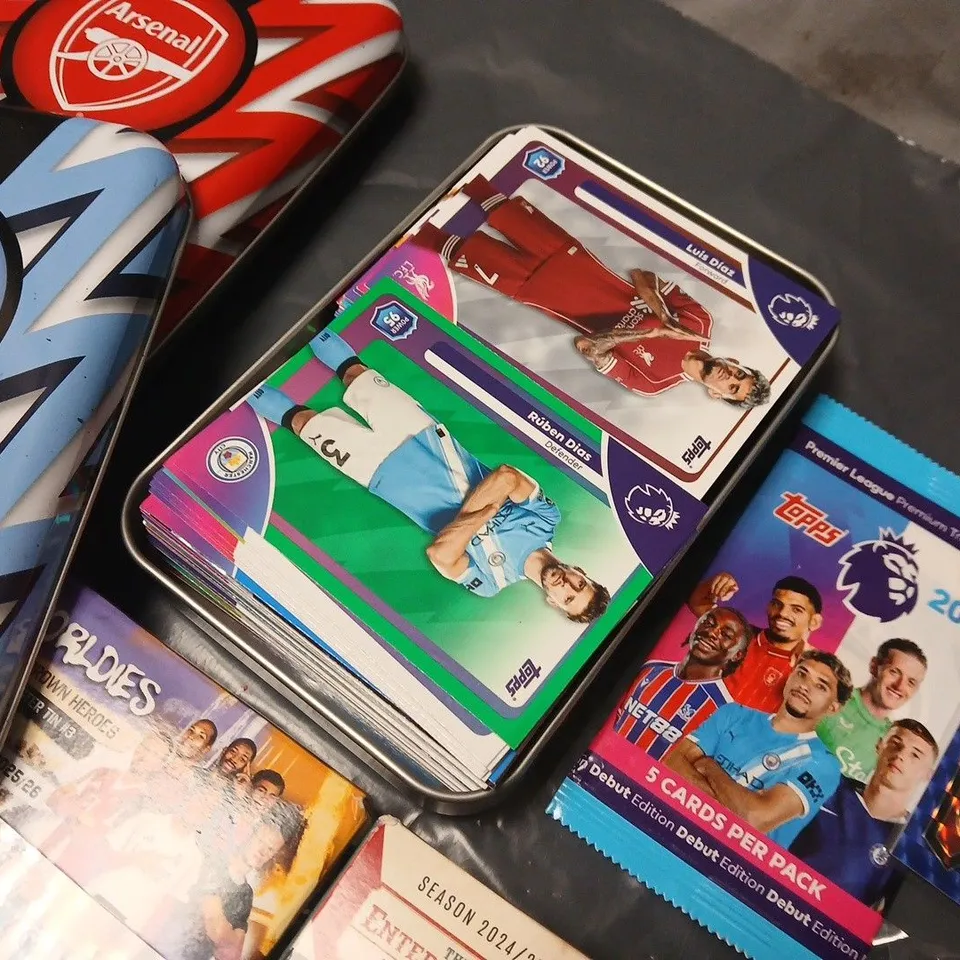 PREMIER LEAGUE FOOTBALL TRADING CARDS LOT – TOPPS COLLECTOR TINS (ARSENAL & MAN CITY) WITH MATCH ATTAX PACKS AND MAGNIFICENT MEMORABILIA CARDS