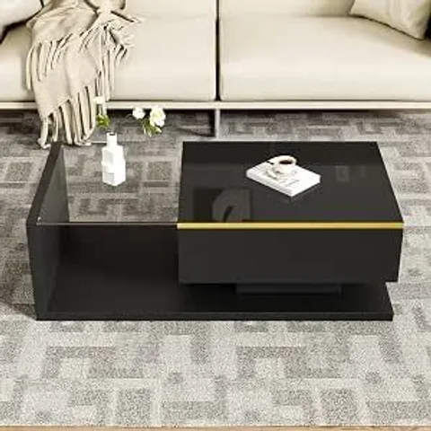 BOXED 100CM LONG BLACK GLOSS COFFEE TABLE SIDE TABLES WITH GLASS AND LED EFFECT