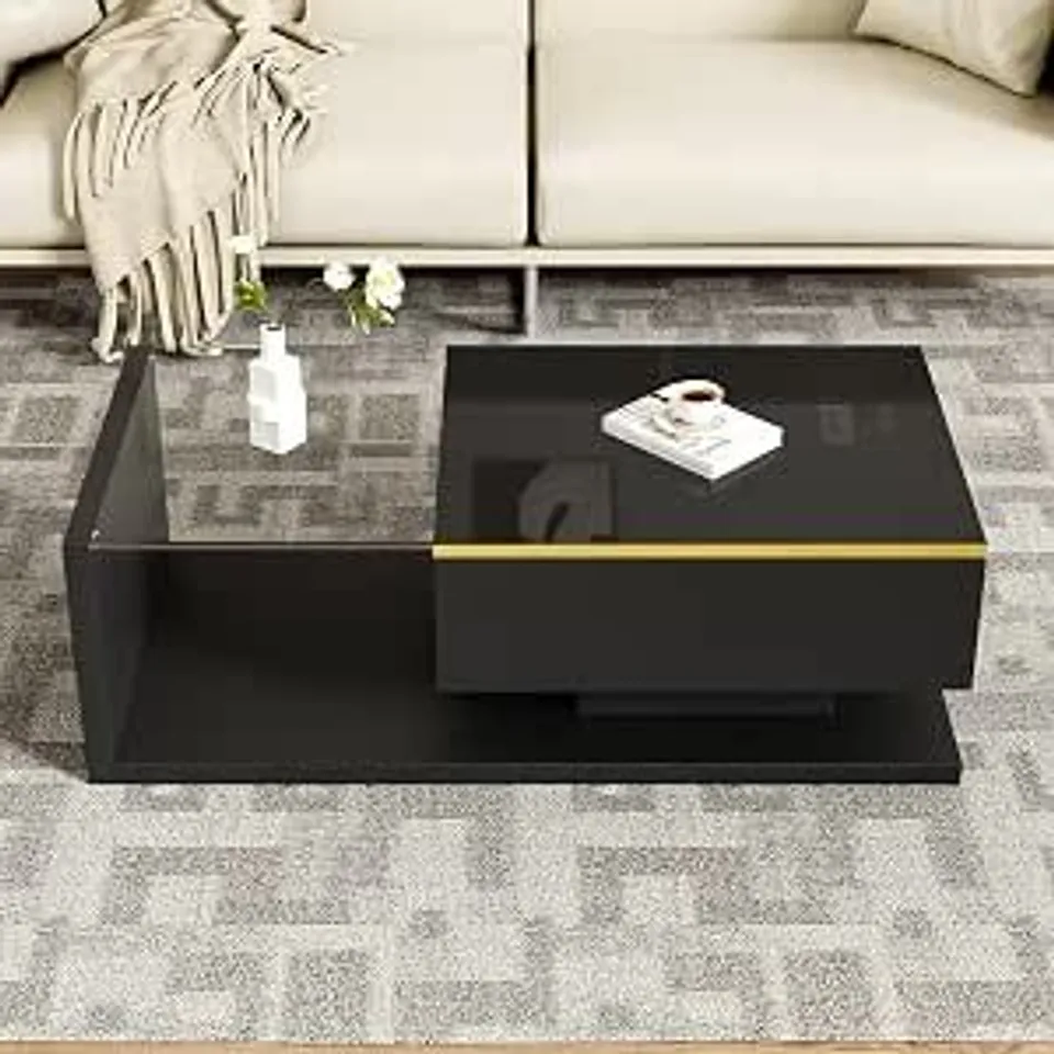 BOXED 100CM LONG BLACK GLOSS COFFEE TABLE SIDE TABLES WITH GLASS AND LED EFFECT