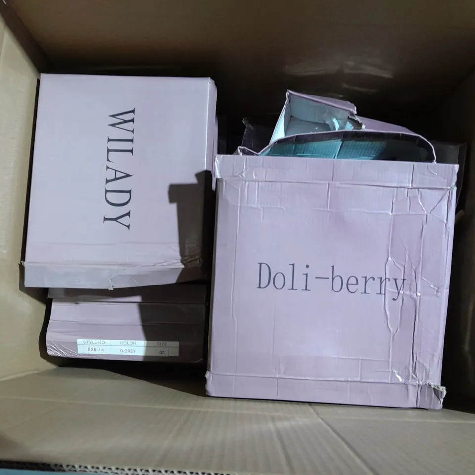 APPROXIMATELY 10 BOXED PAIR OF HEELED PLATFORM SHOES IN VARIOUS COLOURS AND SIZES 