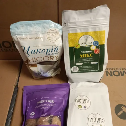 APPROXIMATELY 10 ASSORTED FOOD/DRINK PRODUCTS TO INCLUDE DRIED FIGS, AMINO ADVANTAGE+, CHICORY ETC