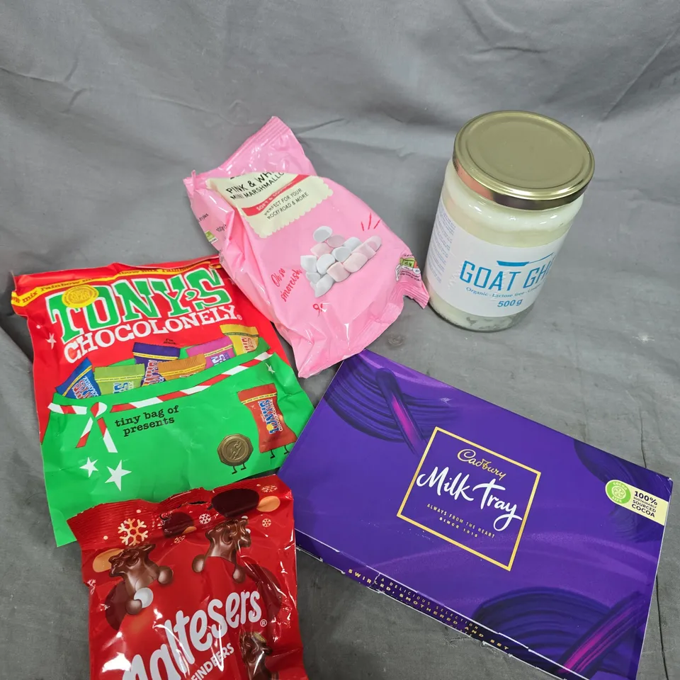 APPROXIMATELY 10 ASSORTED FOOD/DRINK PRODUCTS TO INCLUDE TONY'S CHOCOLATE, MILK TRAY, GOAT GHEE ETC 