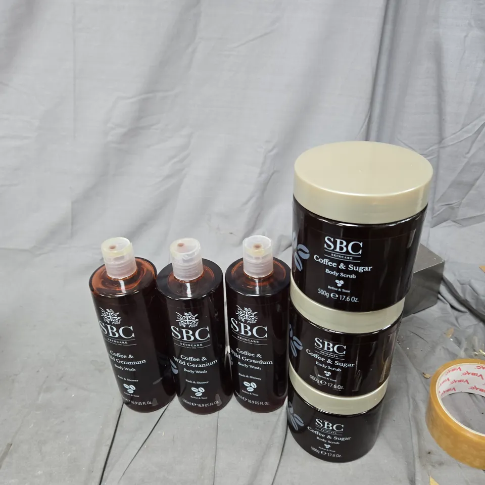 SBC SKINCARE COFFEE & GERANIUM BODY WASH (X3) + COFFEE & SUGAR BODY SCRUB (X3) – SET