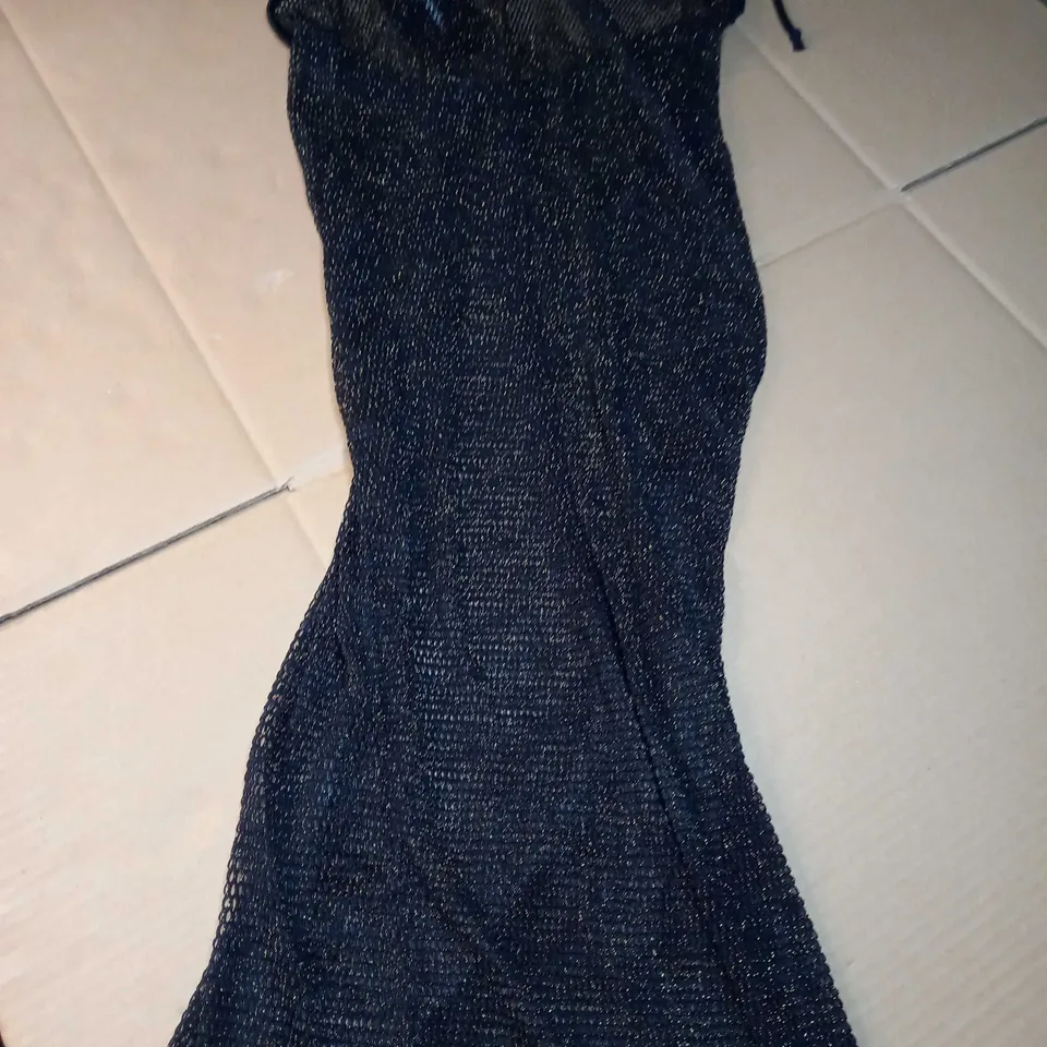 PRETTYLITTLETHING SHAPE BLACK GLITTER FISHNET HALTERNECK MIDAXI DRESS - SIZE 12