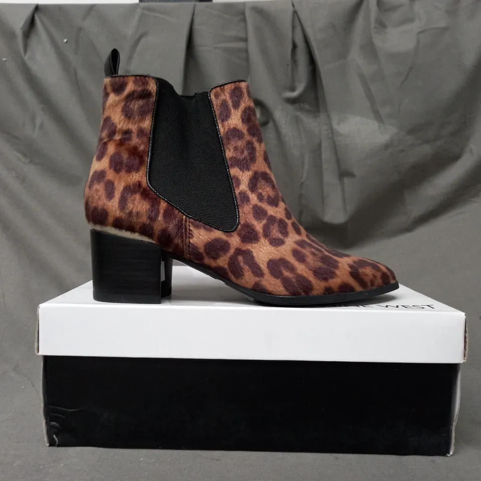 BOXED PAIR OF NINE WEST TAYE SYNTHETIC ANKLE BOOTS IN ANUMAL PRINT EU SIZE 35