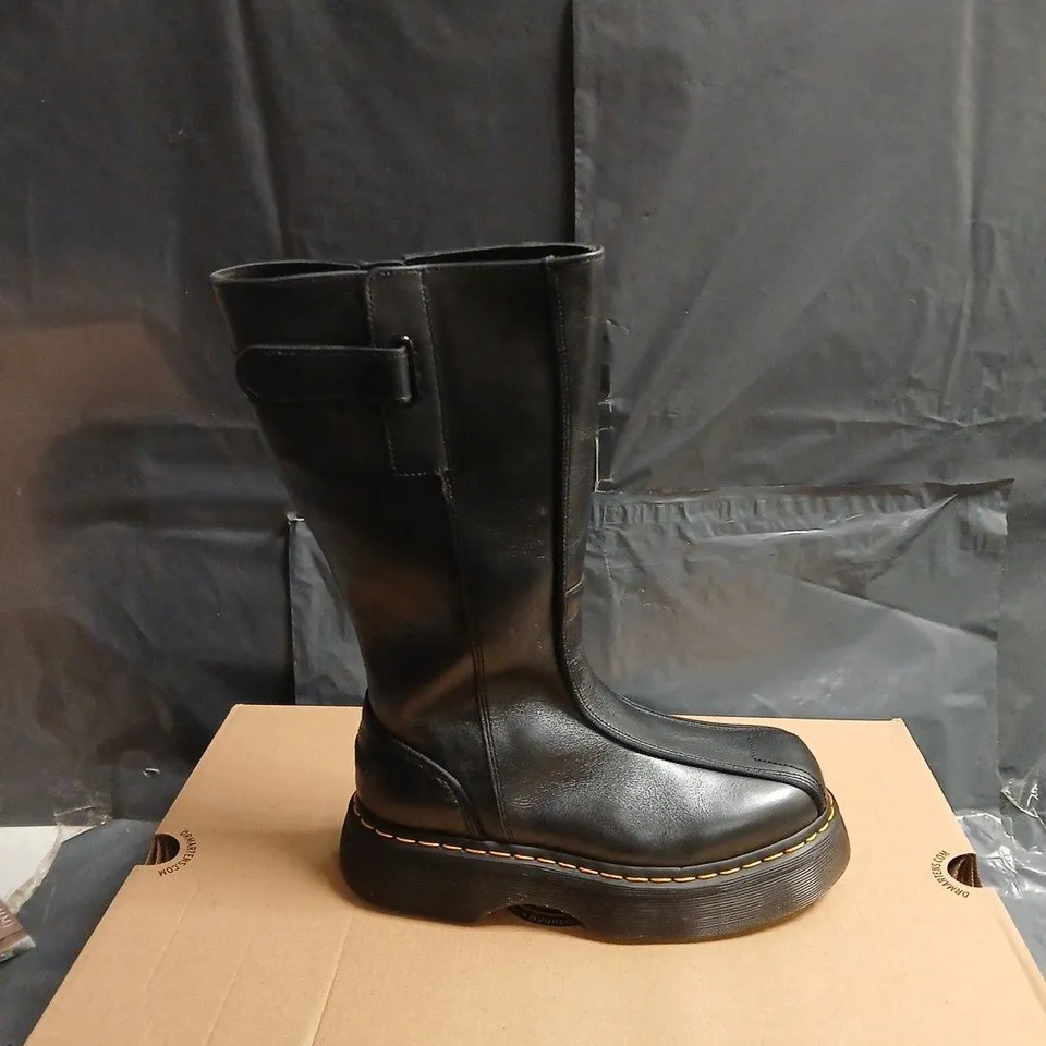 DR. MARTENS BLACK LEATHER KNEE-HIGH BOOTS WITH BUCKLE STRAP – PLATFORM SOLE, BOXED UK 5