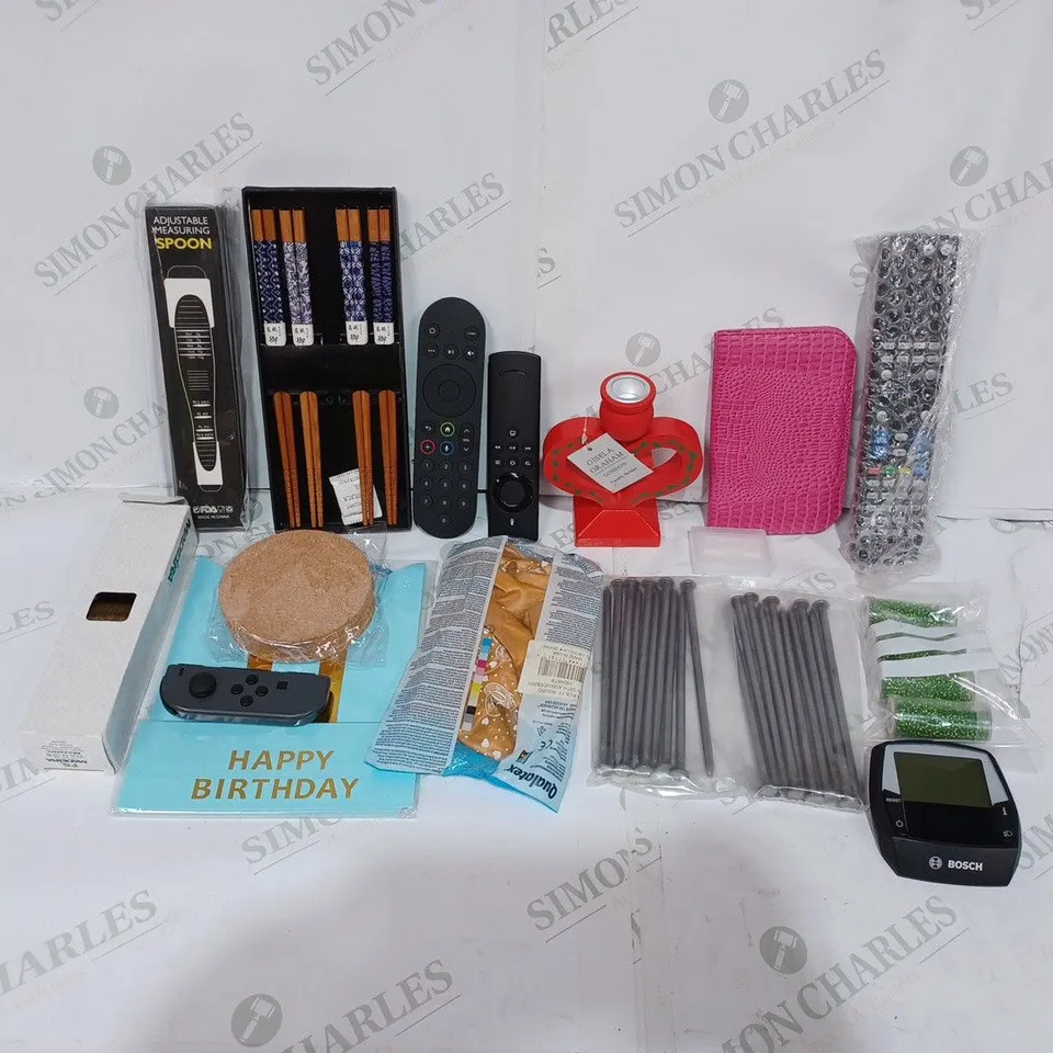 BOX TO CONTAIN APPROX. 25 X ASSORTED HOUSEHOLD PRODUCTS. INCLUDES TV REMOTE, CHOP STICKS, NAILS, COASTERS ETC 
