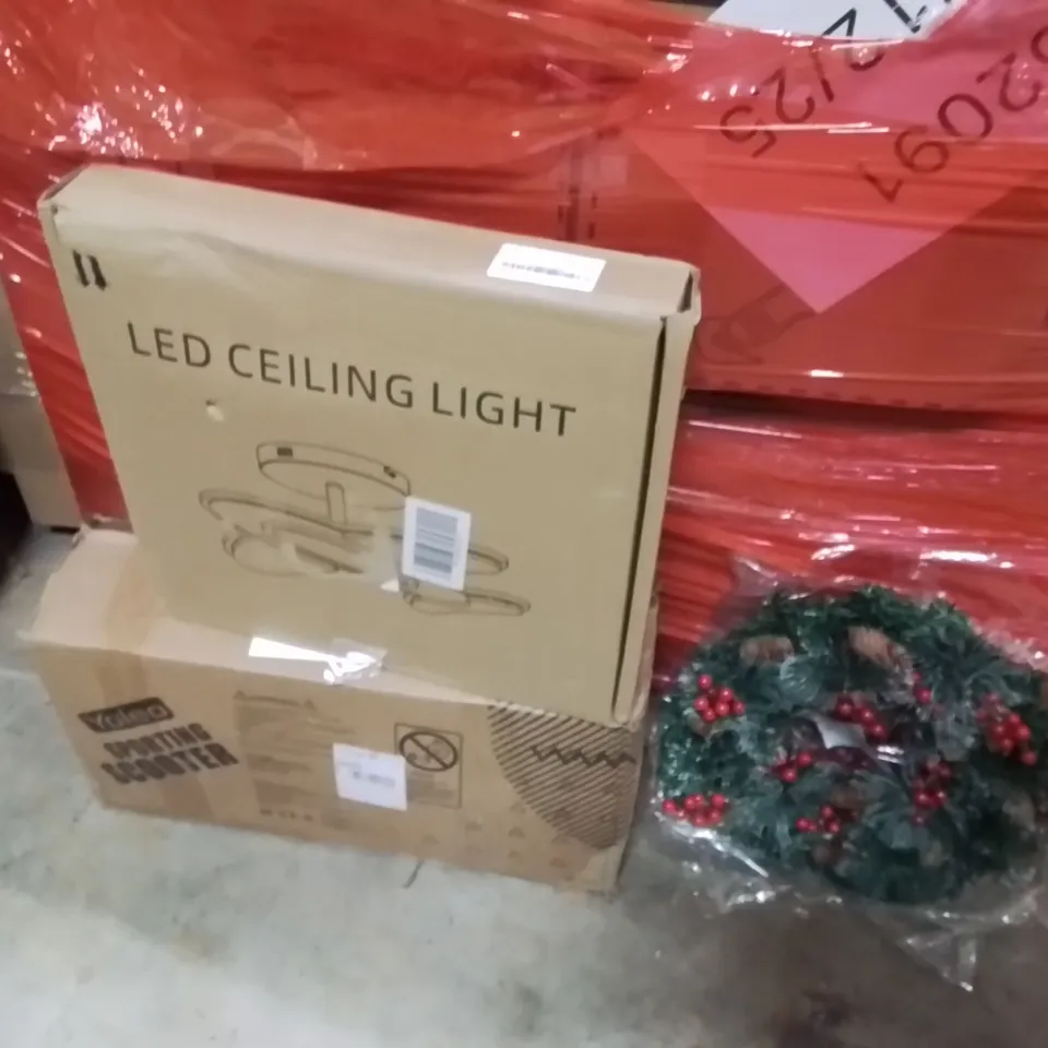PALLET OF ASSORTED HOUSEHOLD GOODS AND PRODUCTS TO INCLUDE;WREATH,LED CEILING LIGHT,SCOOTER