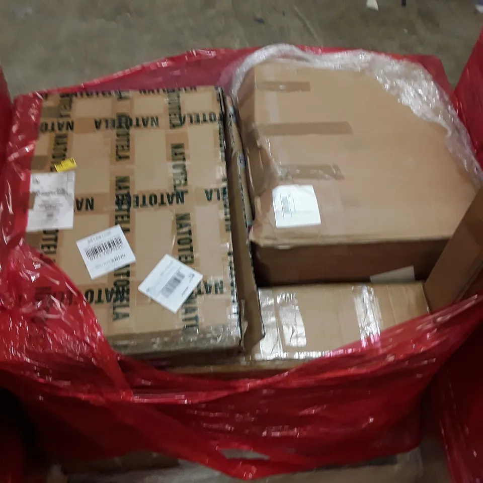 PALLET OF ASSORTED HOUSEHOLD GOODS AND PRODUCTS TO INCLUDE; EXERCISE BIKE, BOXED FURNITURE ECT