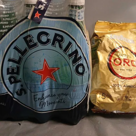 TOTE OF APPROX 2 ASSORTED FOOD ITEMS TO INCLUDE - LAVAZZA COFFEE BEANS , S.PELLEGRINO SPARKLING WATER 