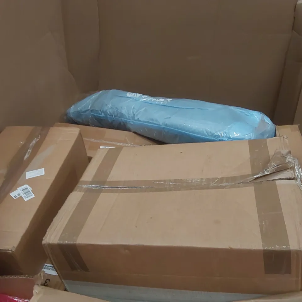 PALLET OF ASSORTED ITEMS INCLUDING: KUMO RICE COOKER, BED FRAME, CLOTHES DRYING RACK, LARGE RUG, FOLDING COMMODE TOILET CHAIR ECT