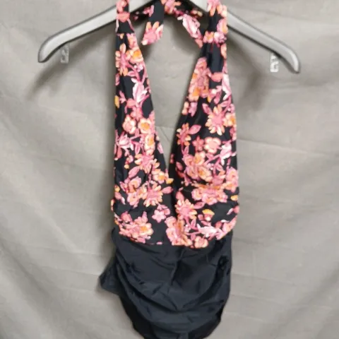 CUPSHE LIVE LIFE WOMEN'S FLORAL HALTER NECK SWIMSUIT WITH TUMMY CONTROL β BLACK WITH PINK FLOWERS (SIZE L)