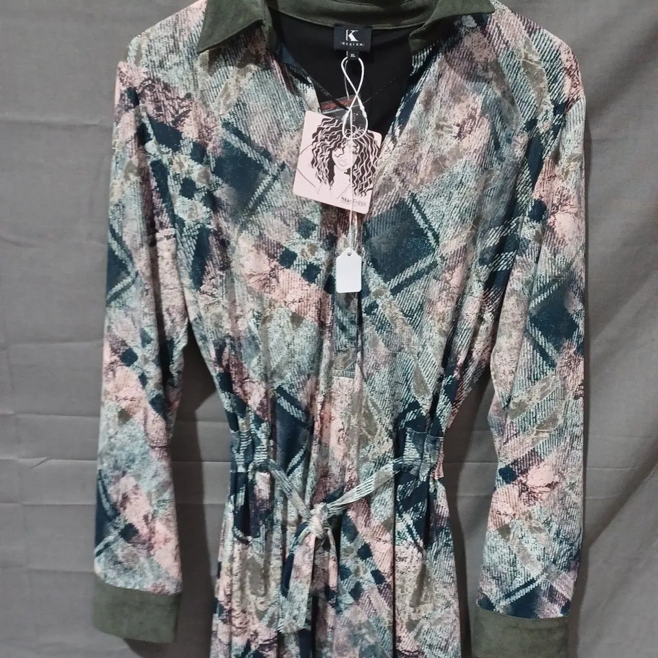 K DESIGN KOMODO STYLE SHIRT DRESS IN GREEN MULTI - XL