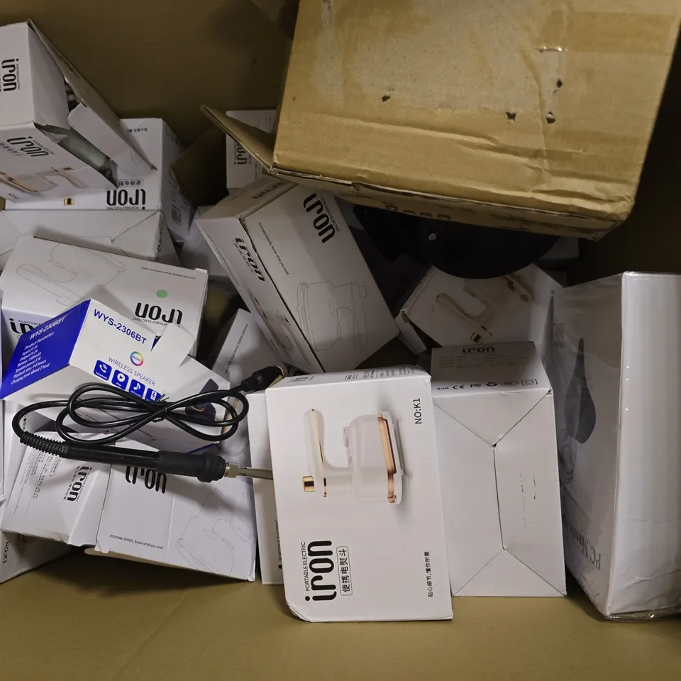BOX OF APPROXIMATELY 20 ASSORTED ITEMS TO INCLUDE - PORTABLE IRON , WIRELESS SPEAKER , BELLA CAN OPENER ETC