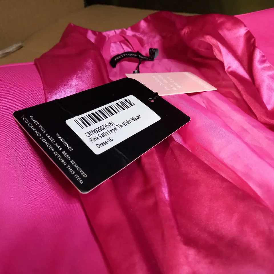 PRETTYLITTLETHING PINK SATIN LEPEL TIE WAIST BLAZER DRESS - SIZE 16