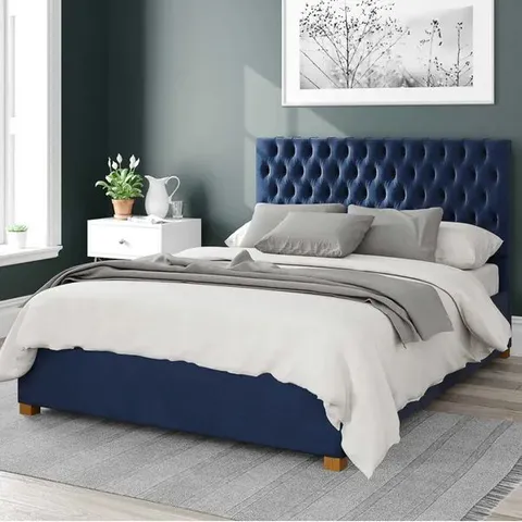 BOXED MONROE PLUSH VELVET OTTOMAN 5FT KING BED FRAME - NAVY (3 BOXES)