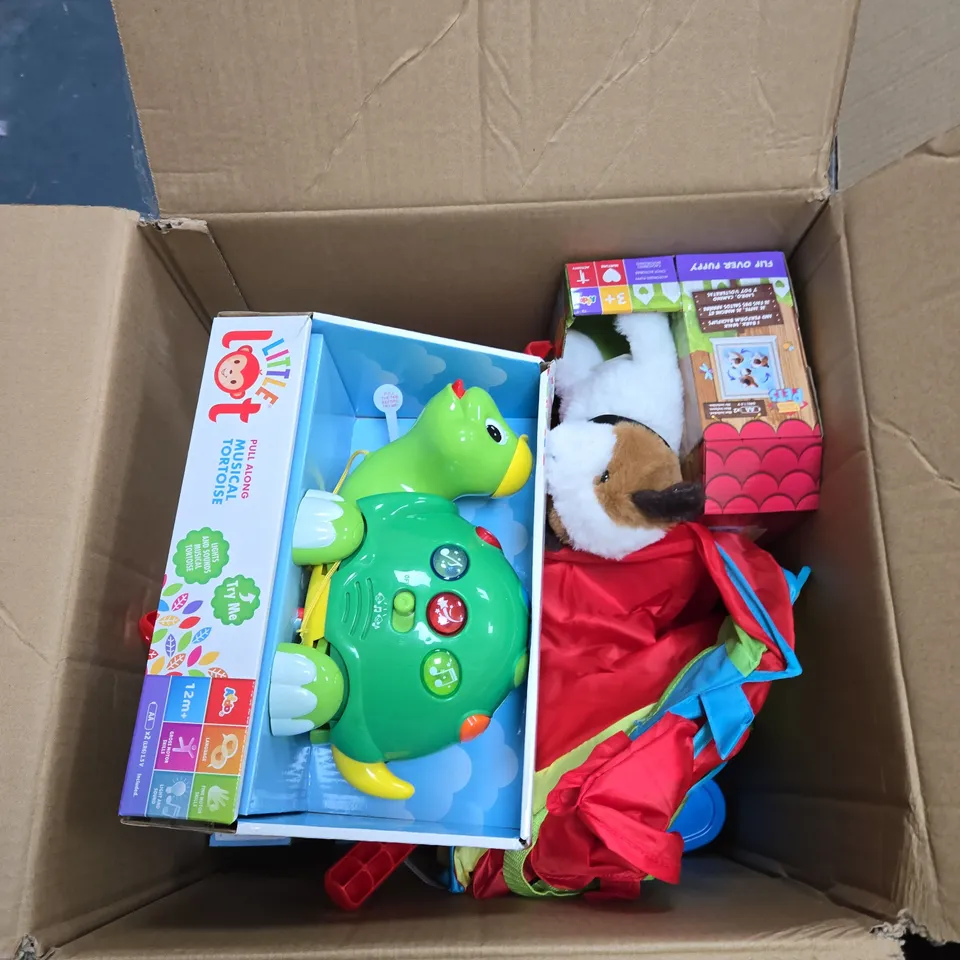 BOX OF APPROXIMATELY 10 ASSORTED TOYS INCLUDING LITTLE LOT PULL ALONG MUSICAL TORTOISE, OUT AND ABOUT LIGHT UP BUBBLE BLASTER AND PITTER PATTER PETS FLIP OVER PUPPY
