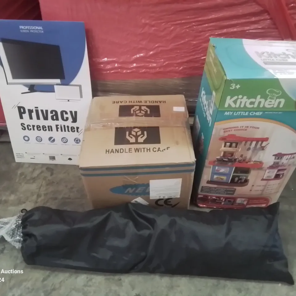 PALLET OF ASSORTED HOUSEHOLD AND ELECTRICAL ITEMS TO INCLUDE TOY KITCHEN, TENTS AND PRIVACY SCREEN FILTERS