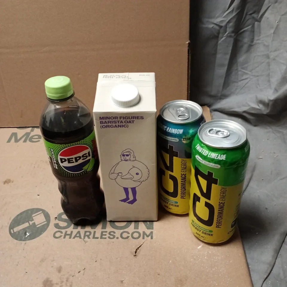 TOTE OF APPROXIMATELY 13 ASSORTED FOOD AND DRINK TO INCLUDE: C4 ENERGY, BARISTA OAT MILK AND PEPSI LIME