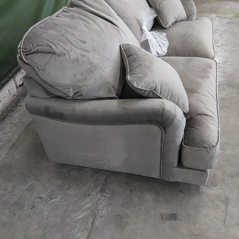 DESIGNER 2 SEATER GREY VELVET SOFA WITH CUSHIONS 