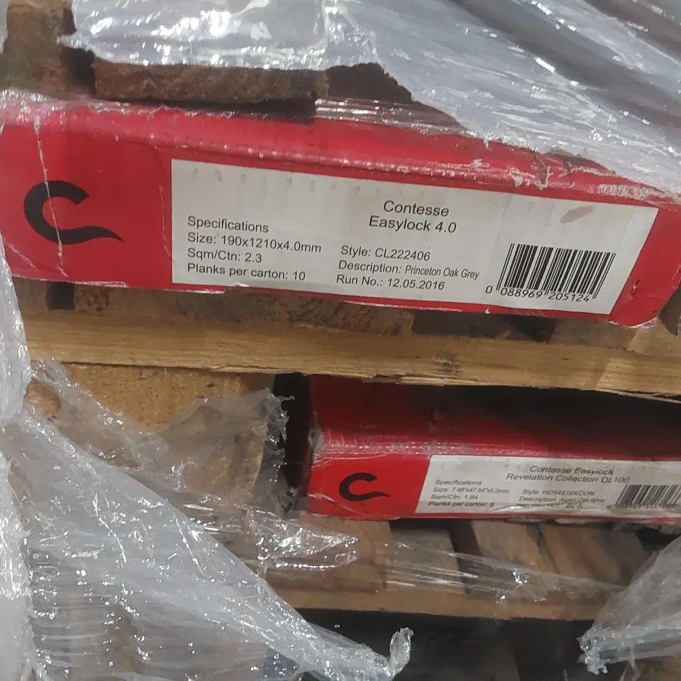 PALLET CONTAINING A VERY LARGE QUANTITY OF BRAND NEW ASSORTED LUXURY VINYL TILE FLOORING TO INCLUDE: CONTESSE FLOATING LOCKING FLOOR SYSTEM PERA COLLECTION, CONTESSE EASYLOCK 4.0 PRINCETON OAK GREY AN