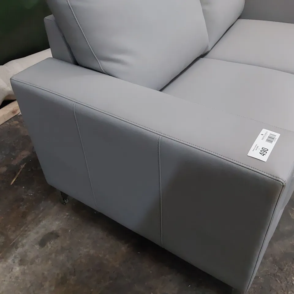 DESIGNER TWO SEATER SOFA LIGHT GREY LEATHER 