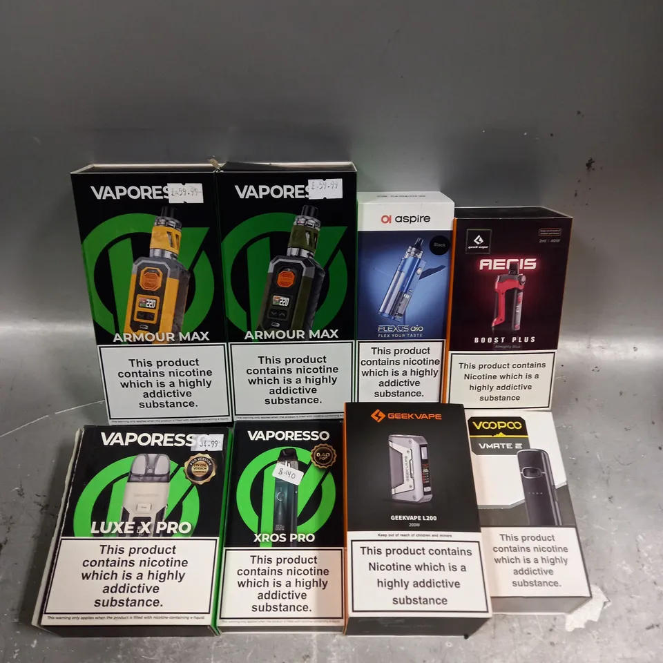 APPROXIMATELY 20 ASSORTED E-CIGARETTE PRODUCTS/ACCESSORIES TO INCLUDE VOOPOO, ASPIRE, VAPORESSO ETC 