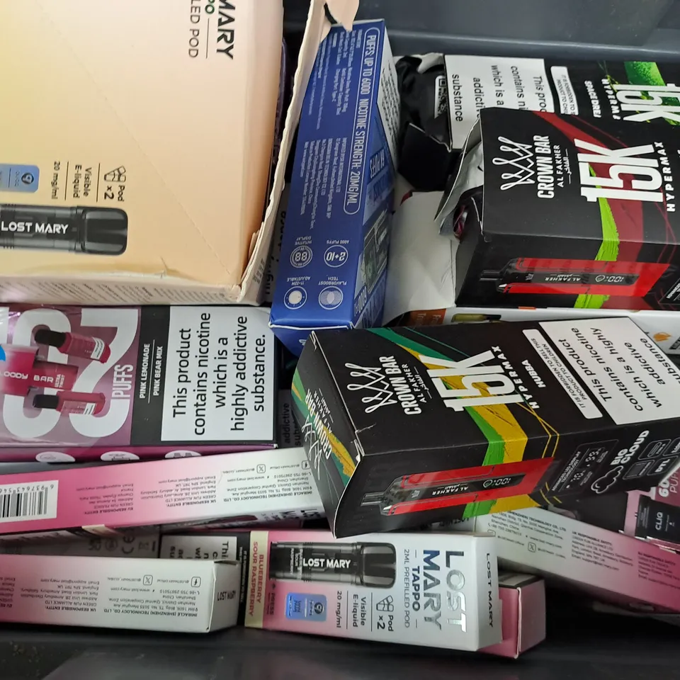 APPROXIMATELY 25 ASSORTED E-CIGARETTE AND VAPE ITEMS TO INCLUDE IVG, LOST MARY, BLOODY BAR CRYSTAL, ETC