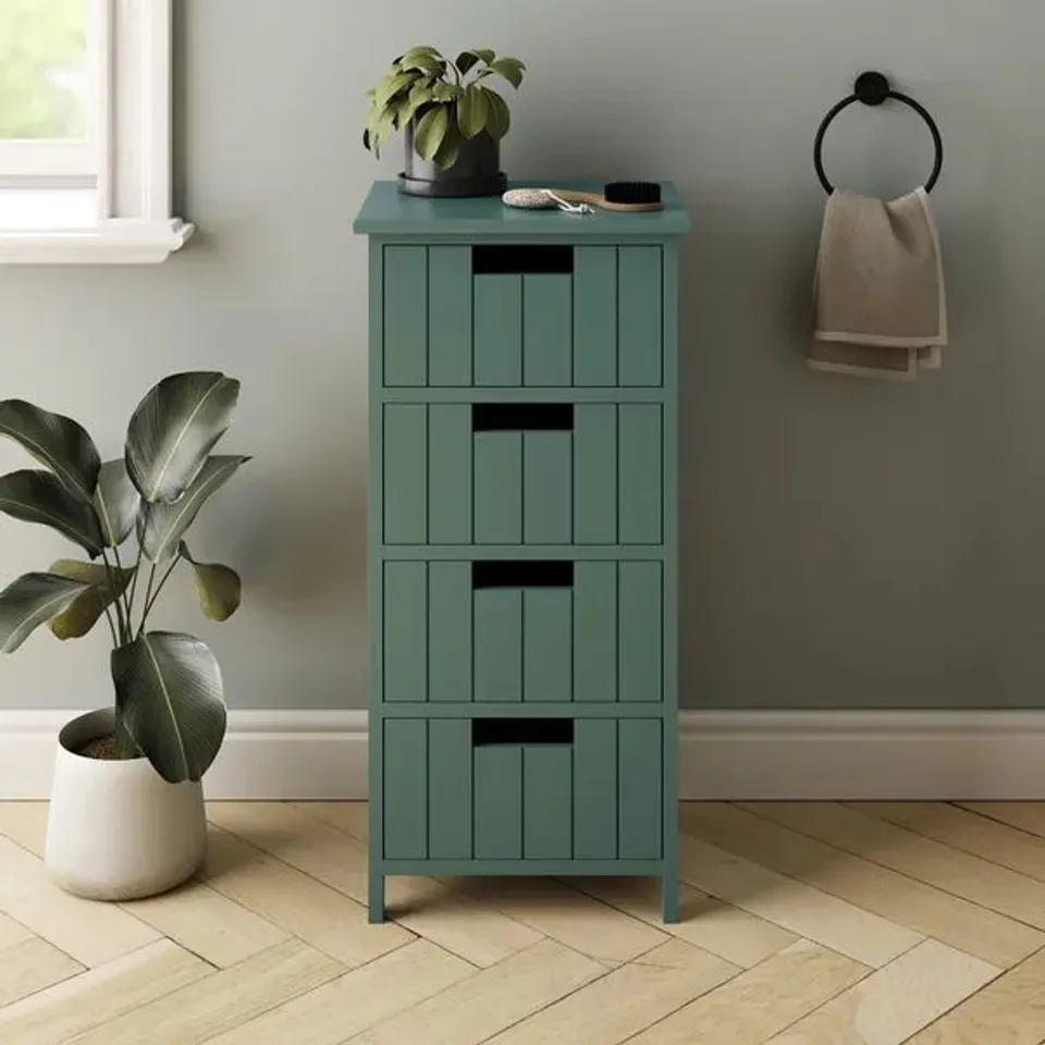 BOXED RONNIE 4 DRAWER BATHROOM STORAGE UNIT - FOREST GREEN (1 BOX)