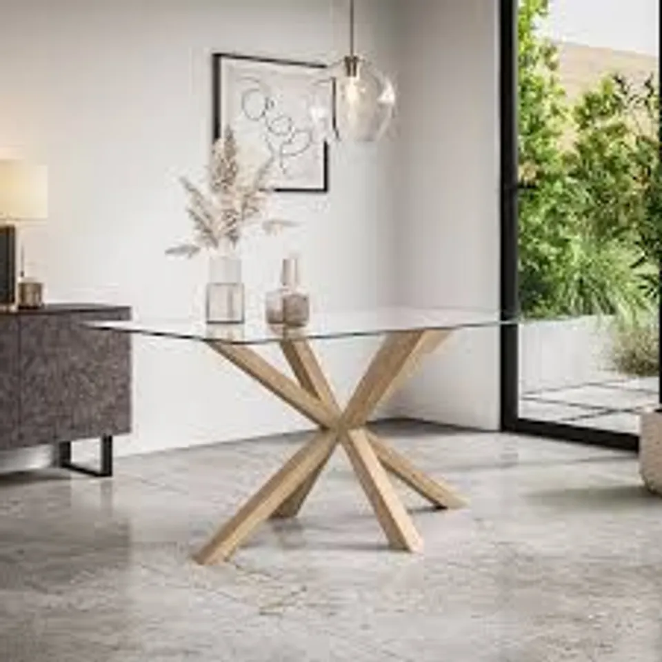 BOXED ETTA CLEAR GLASS TOP DINING TABLE WITH OAK LEGS (2 BOXES)