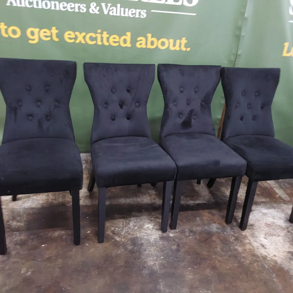 SET OF FOUR DESIGNER UPHOLSTERED BUTTONED RING BACK DINING CHAIRS BLACK PLUSH FABRIC ON BLACK LEGS 