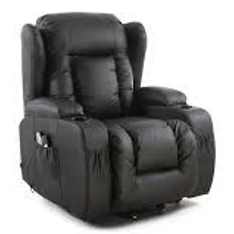BOXED DESIGNER BLACK LEATHER RISE & RECLINING EASY CHAIR (2 BOXES)