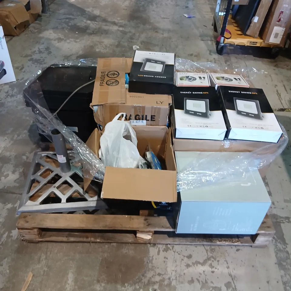 PALLET OF ASSORTED PRODUCTS TO INCLUDE; LIGHT BULBS, ENERGY SAVING LIGHTS, LED STRIPS, PARASOL STAND AND MOBILE PHONE SCREENS