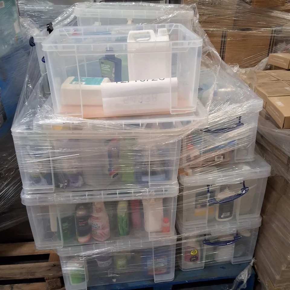 PALLET CONTAINING LARGE ASSORTMENT OF CLEANING PRODUCTS IN CLEAR STORAGE BOXES