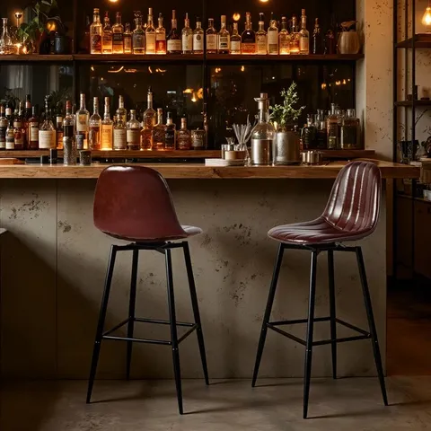 BOXED PAIR OF RETRO BROWN BAR STOOLS WITH CURVED BACK AND FOOTREST (1 BOX)