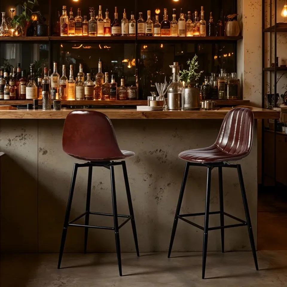 BOXED PAIR OF RETRO BROWN BAR STOOLS WITH CURVED BACK AND FOOTREST (1 BOX)