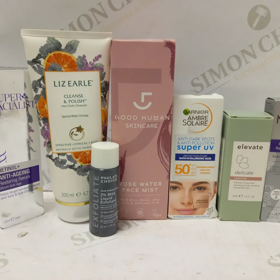 LOT OF APPROX 7 ASSORTED SKINCARE PRODUCTS TO INCLUDE GOOD HUMAN SKINCARE ROSE WATER FACE MIST, SUPER FACIALIST RESTORING SERUM, NO7 EYE CREAM, ETC 