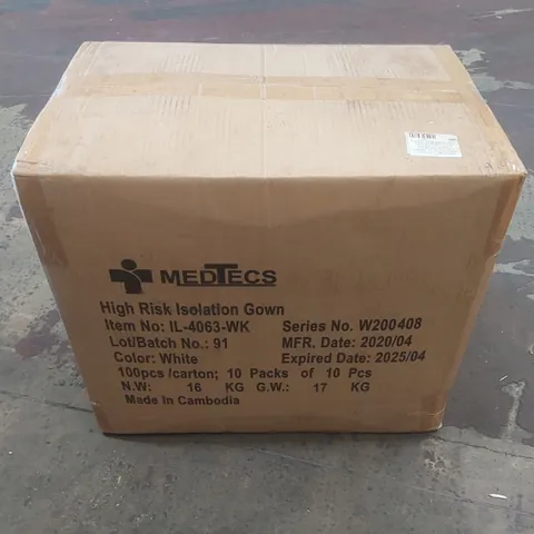 BOX CONTAINING APPROXIMATELY 100 MEDTECS HIGH RISK MEDICAL ISOLATION GOWNS