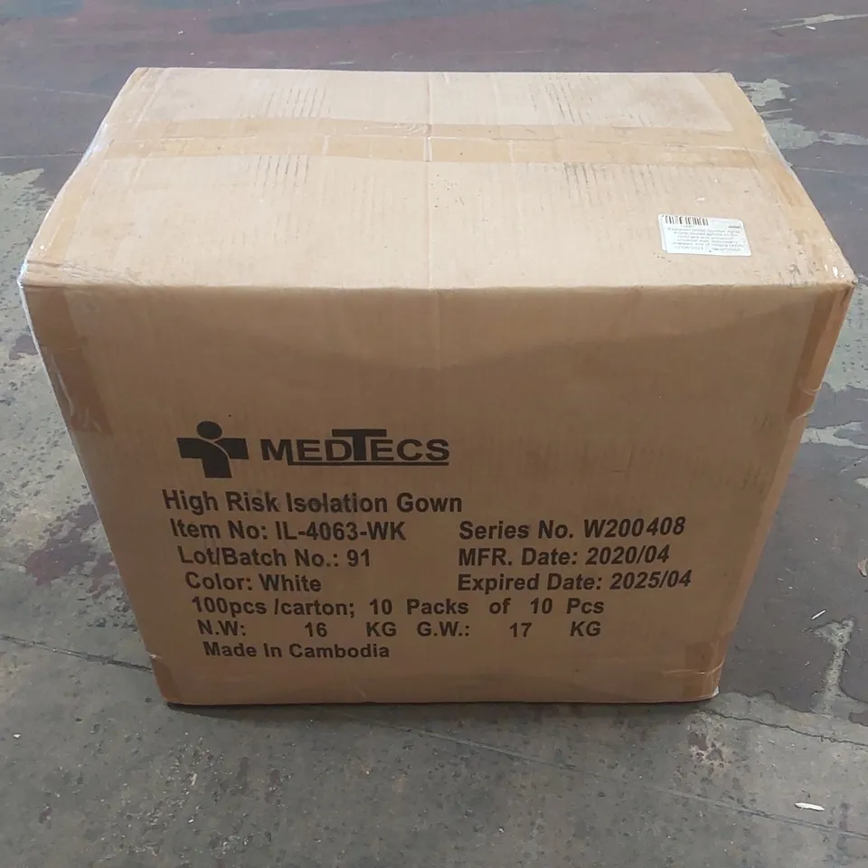 BOX CONTAINING APPROXIMATELY 100 MEDTECS HIGH RISK MEDICAL ISOLATION GOWNS